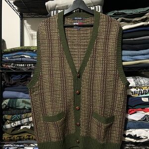 Tommy Hilfiger Olive and Brown Knit Button-Up Vest